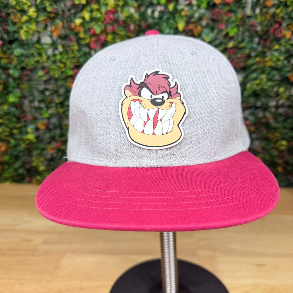 Six Flags Taz Looney Tunes Snapback Hat Grey Red Flat Brim Adjustable Cap
